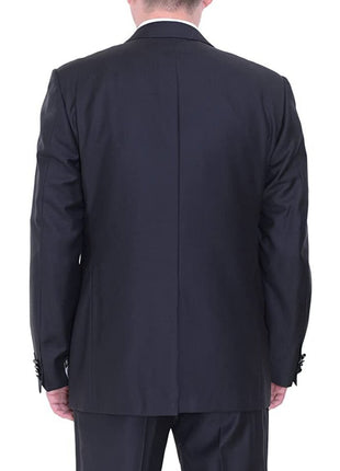 The Suit Depot Corneliani Slim Fit 46R 58 Black Striped Super 130's Wool Suit with Peak Lapels