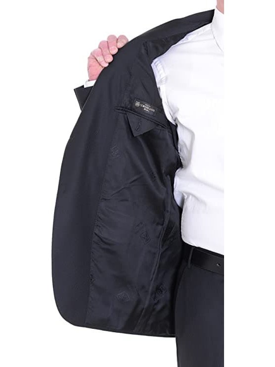 The Suit Depot Corneliani Slim Fit 46R 58 Black Striped Super 130's Wool Suit with Peak Lapels