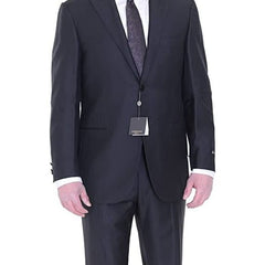 The Suit Depot Corneliani Slim Fit 46R 58 Black Striped Super 130's Wool Suit with Peak Lapels