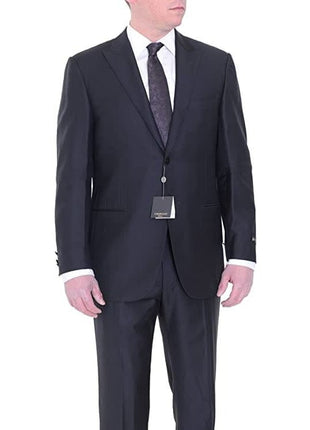 The Suit Depot Corneliani Slim Fit 46R 58 Black Striped Super 130's Wool Suit with Peak Lapels