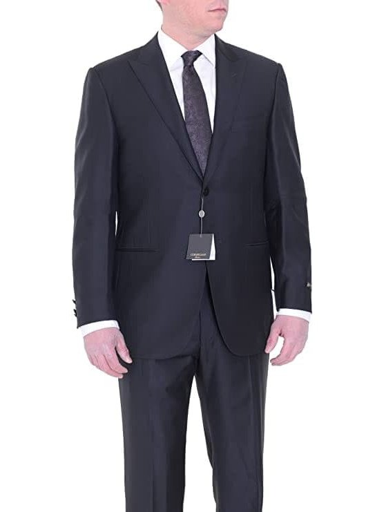 The Suit Depot Corneliani Slim Fit 46R 58 Black Striped Super 130&#39;s Wool Suit with Peak Lapels