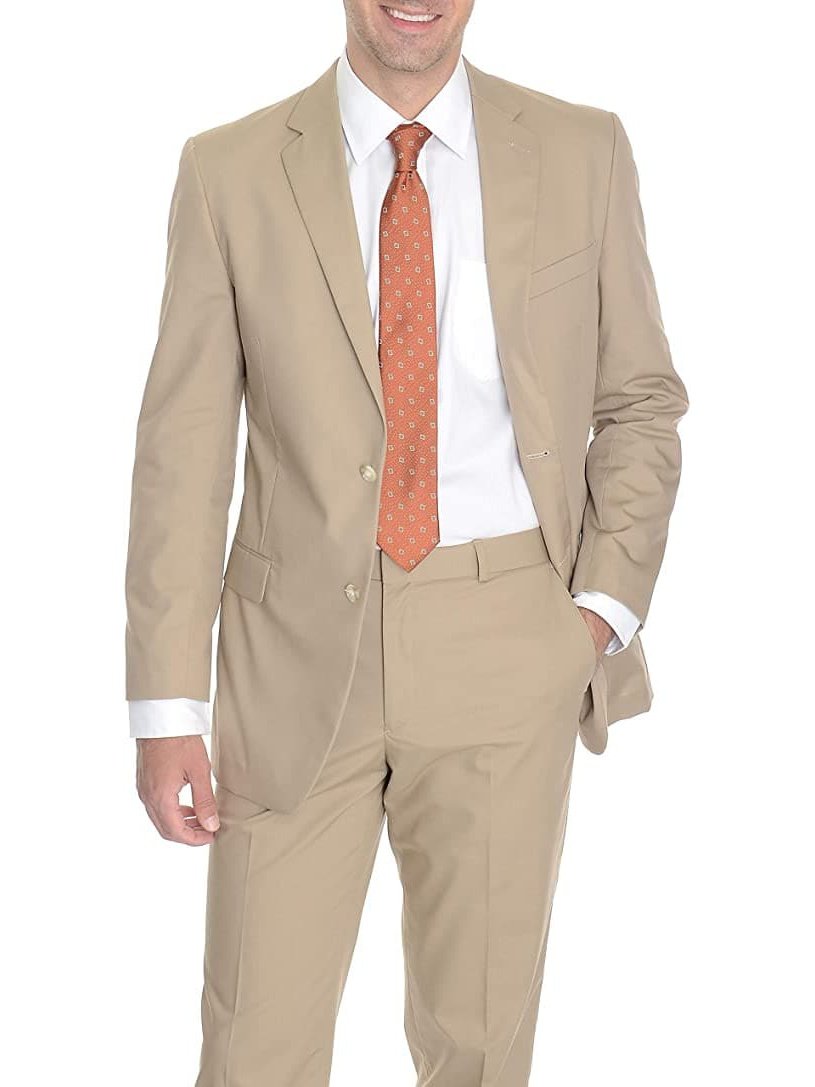 The Suit Depot Kroon Mens Modern Fit Solid Khaki Tan 2 Piece Cotton Summer Suit