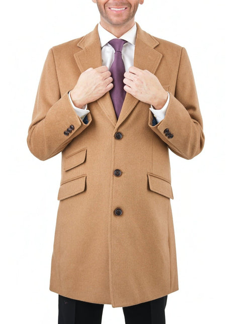 Casual Mens Short Camel Coat Pull&Bear Overcoat With Wool Mix In