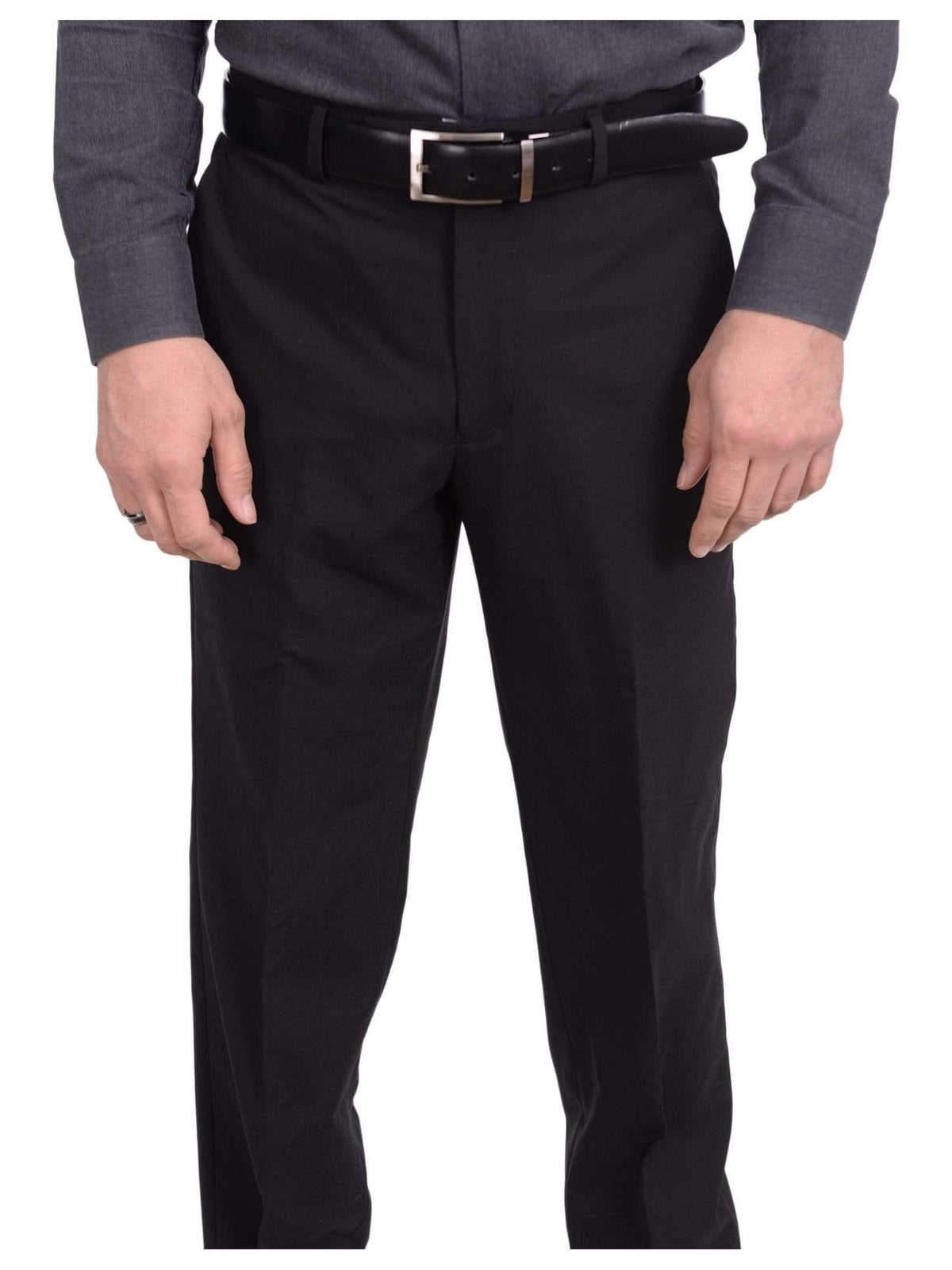 thesuitdepot PANTS Kenneth Cole Classic Fit Solid Black Flat Front Stretch Wool Blend Dress Pants