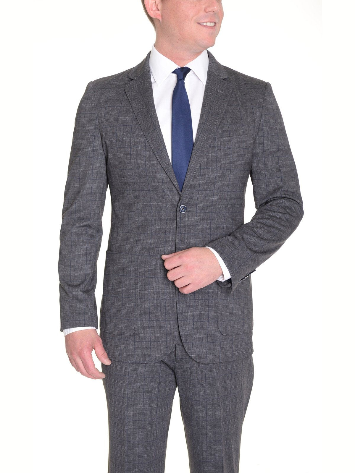 thesuitdepot Sale Suits Extra Slim Fit Gray Plaid Half Lined Stretch Suit With Patch Pockets