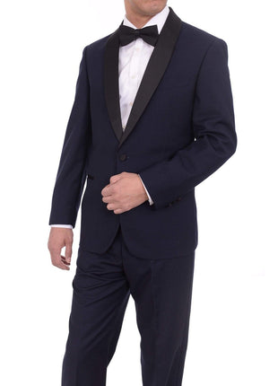 Mens Slim Fit Navy Blue One Button Tuxedo Suit With Black Satin Shawl Lapel - The Suit Depot