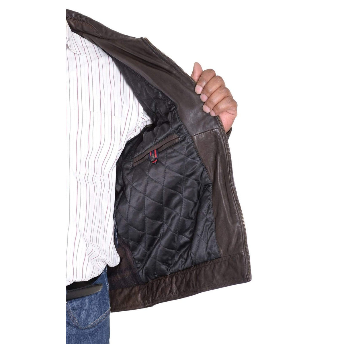 Tommy Hilfiger Solid Brown Genuine Leather Jacket With Shoulder Epaulets - The Suit Depot