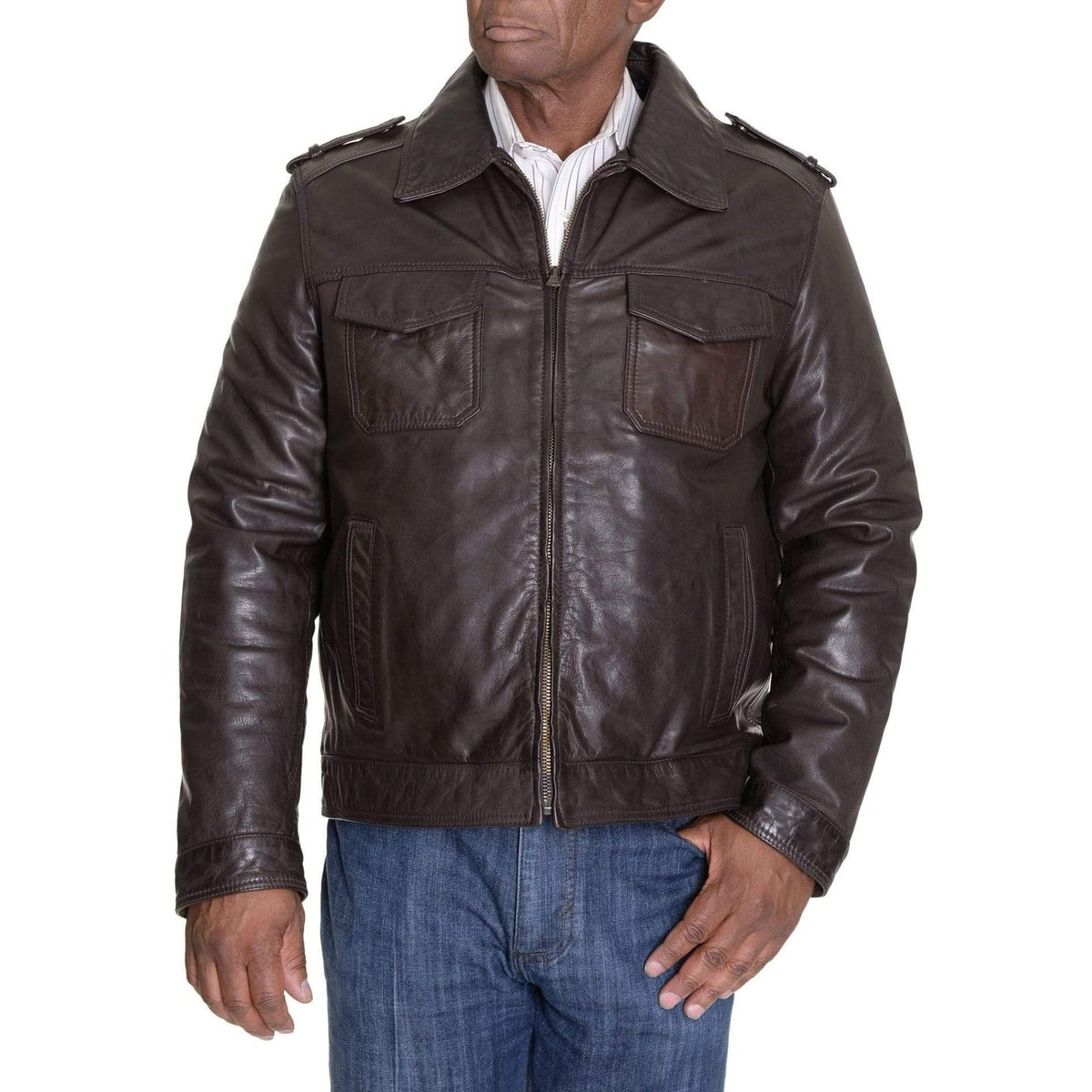Tommy Hilfiger Casual Coats XL Tommy Hilfiger Solid Brown Genuine Leather Jacket With Shoulder Epaulets