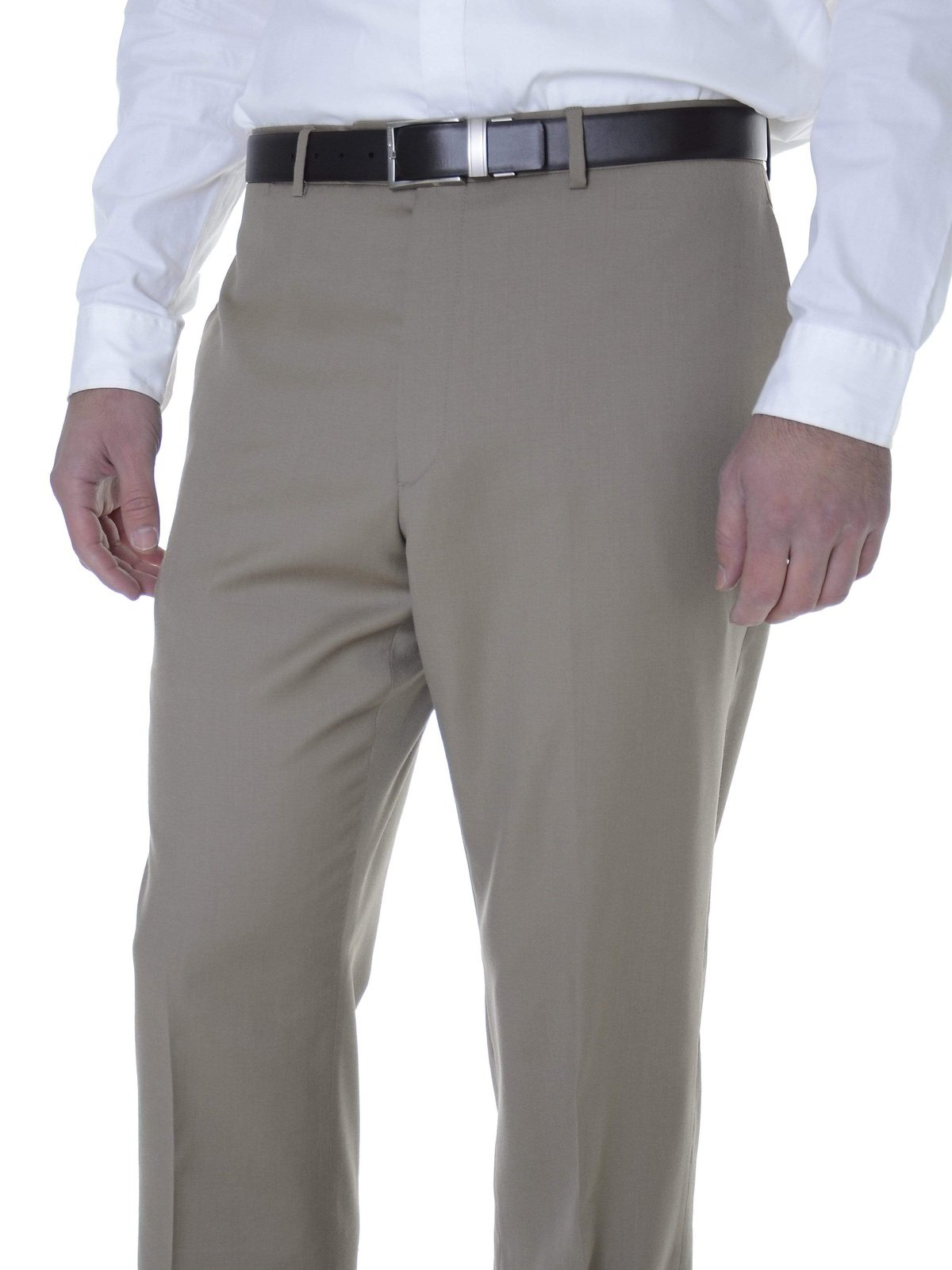 Tommy Hilfiger Trim Fit Solid Khaki Tan Flat Front Worsted Wool Dress Pants - The Suit Depot