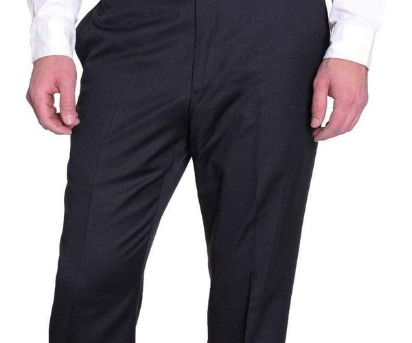 Tommy Hilfiger Mens Trim Fit Solid Navy Blue Flat Front Worsted Wool Dress  Pants