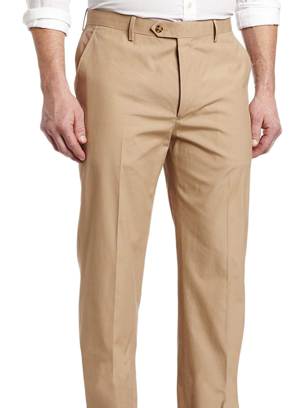 Tommy Hilfiger Trim Fit Solid Beige Flat Front Cotton Khakis Casual Pants - The Suit Depot