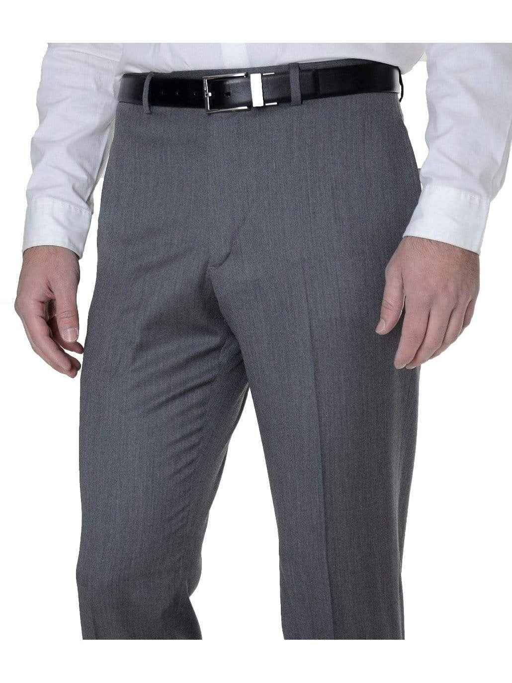 Tommy Hilfiger Mens Trim Fit Gray Textured Flat Front Wool Dress Pants - The Suit Depot