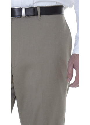 Tommy Hilfiger Trim Fit Solid Khaki Tan Flat Front Worsted Wool Dress Pants - The Suit Depot