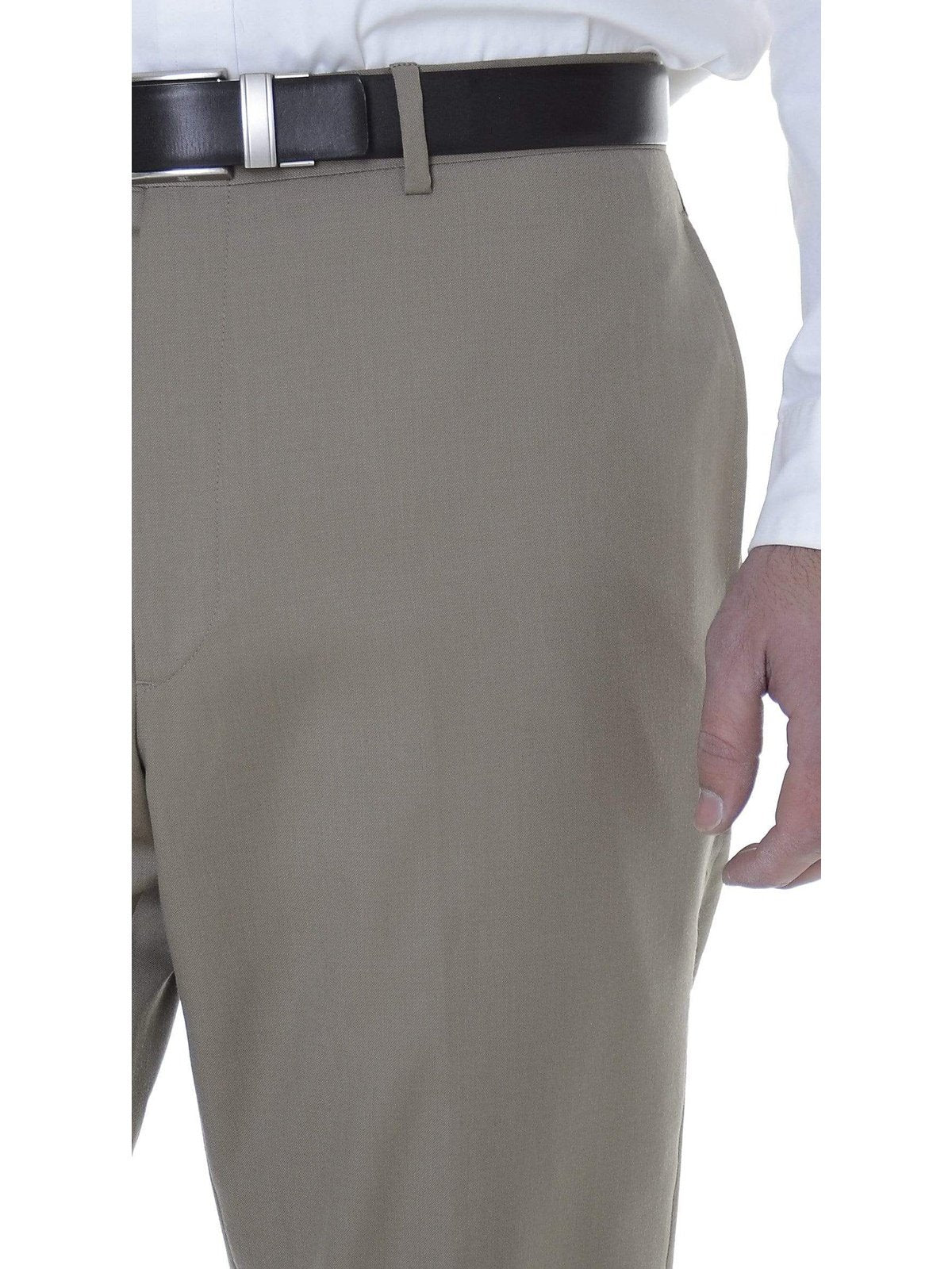 Tommy Hilfiger Trim Fit Solid Khaki Tan Flat Front Worsted Wool Dress Pants