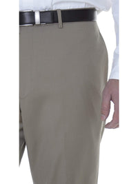 Thumbnail for Tommy Hilfiger Trim Fit Solid Khaki Tan Flat Front Worsted Wool Dress Pants - The Suit Depot