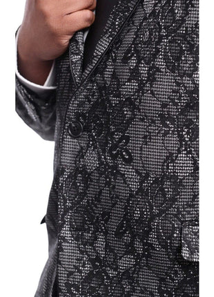 Close Up of Buttons and Lapel of U.S. Polo U.S. Polo Slim Fit Black & Gray Floral Two Button Tuxedo Dinner Jacket