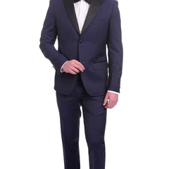 Unique by Dominic Wilkins Sale Suits Unique Slim Fit Midnight Blue Subtle Sheen Wool Tuxedo Suit Satin Peak Lapels