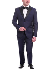 Thumbnail for Unique by Dominic Wilkins Sale Suits Unique Slim Fit Midnight Blue Subtle Sheen Wool Tuxedo Suit Satin Peak Lapels