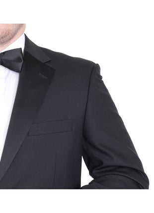 Silvio Breciani Mens Black Tonal Striped Two Button Wool Tuxedo Tux Suit - The Suit Depot