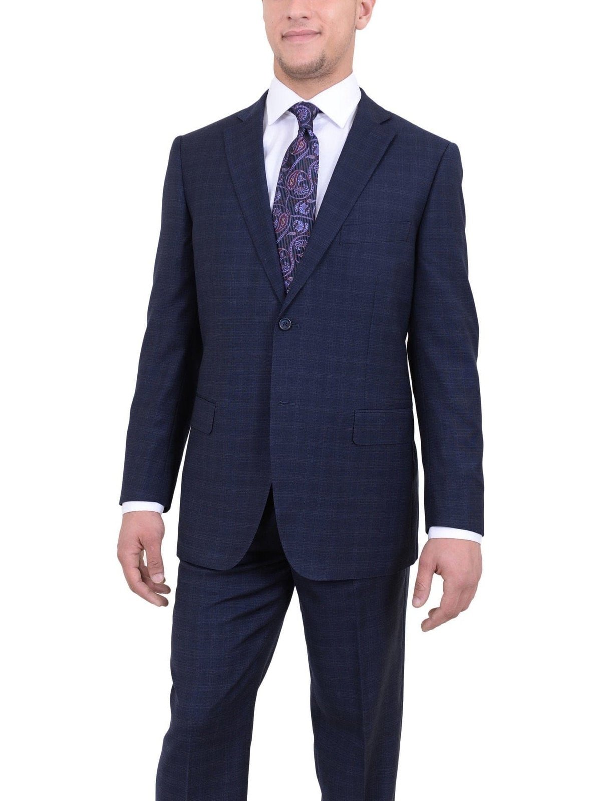 Zanetti TWO PIECE SUITS Zanetti Classic Fit Blue Plaid Textured Two Button Wool Suit