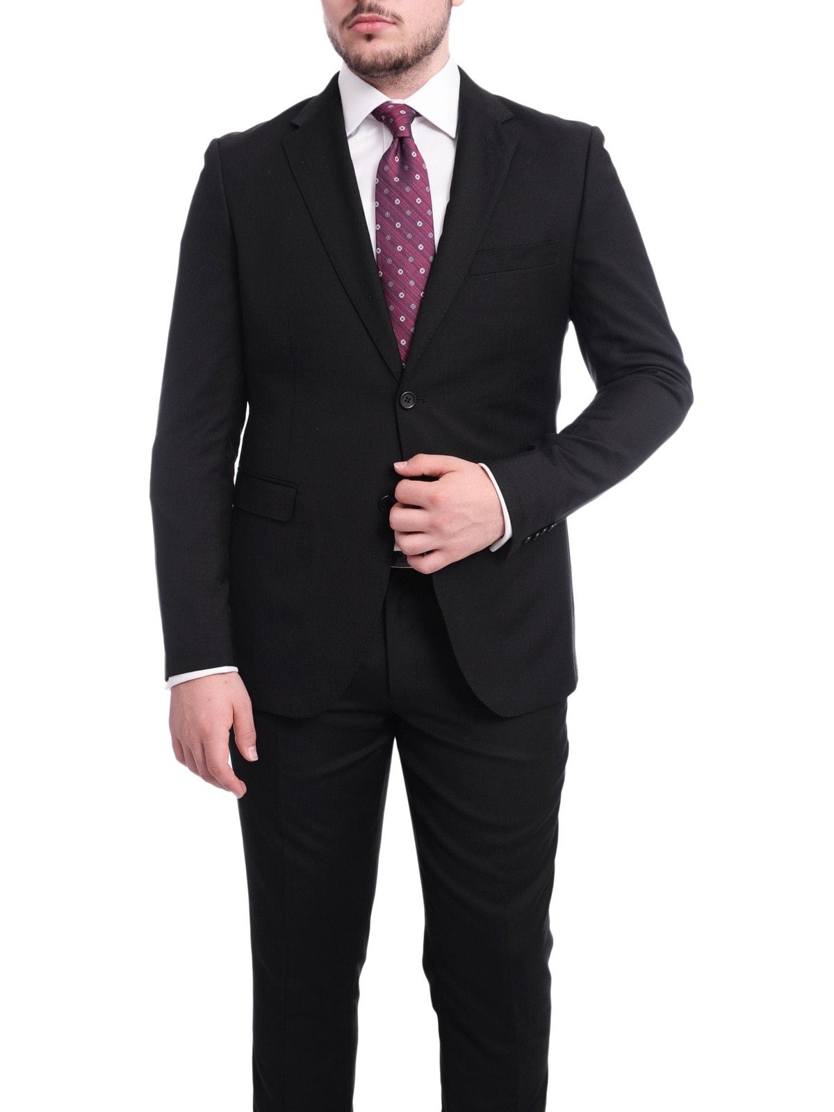 Zanetti TWO PIECE SUITS Zanetti Classic Fit Solid Black Two Button Wool Suit