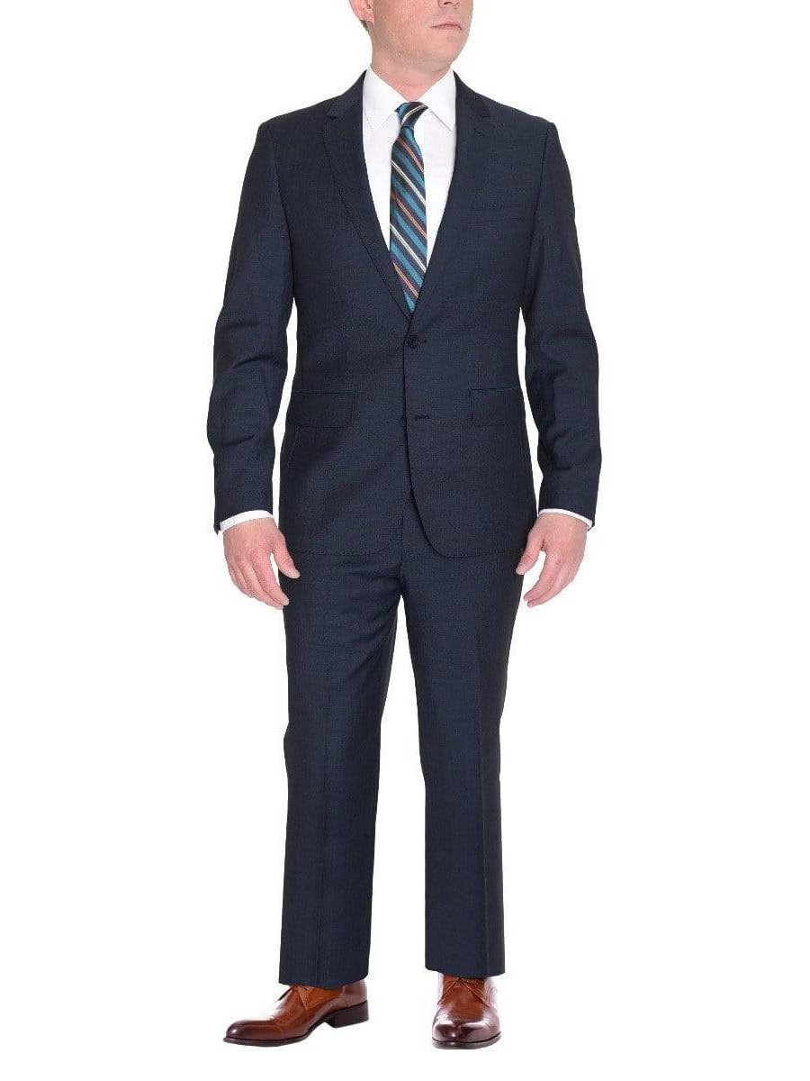 Zanetti TWO PIECE SUITS Zanetti Mens Classic Fit Solid Navy Blue Two Button Wool Suit