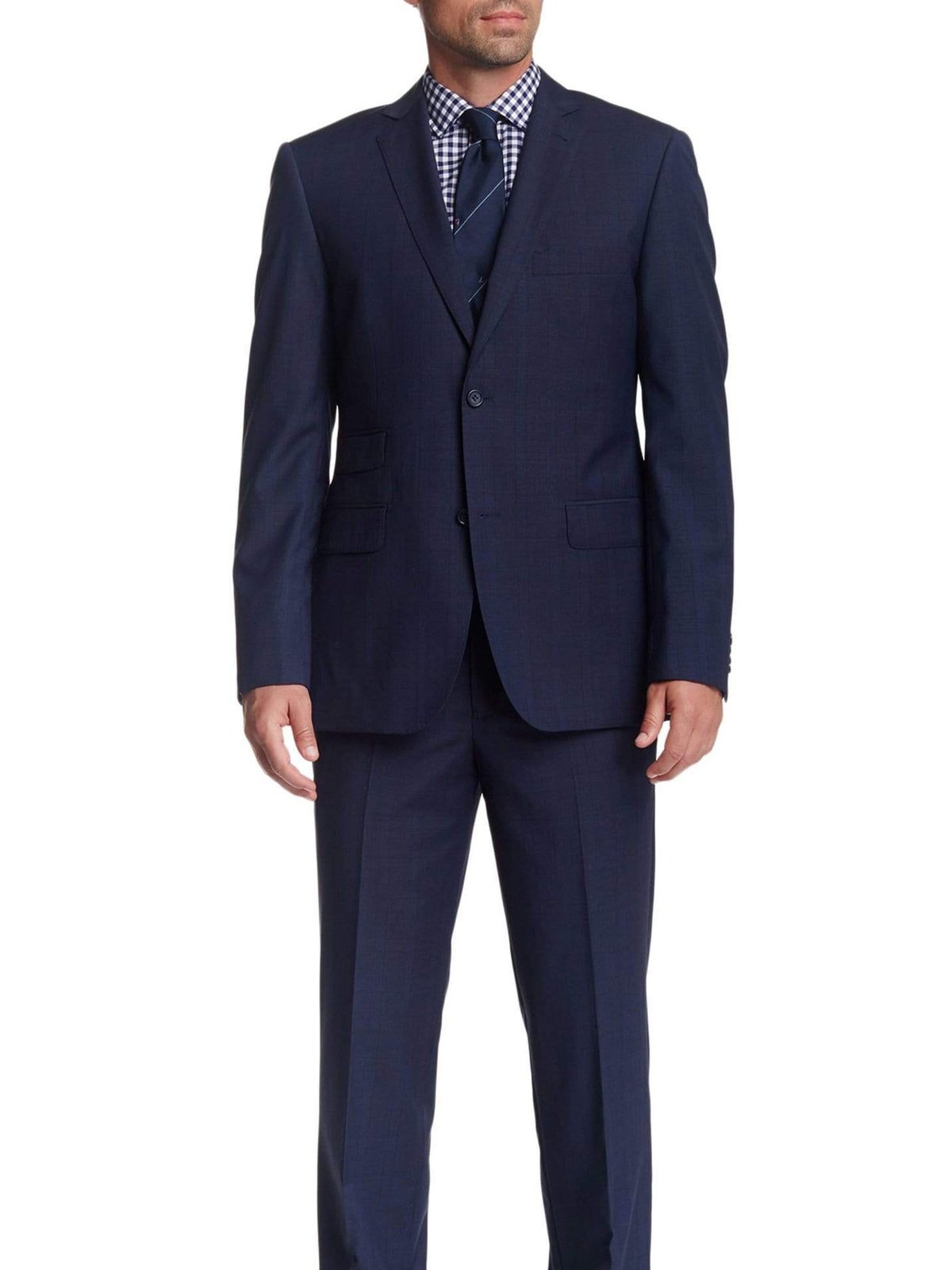 Zanetti TWO PIECE SUITS Zanetti Modern Fit Navy Blue Plaid Two Button Wool Suit With Ticket Pocket